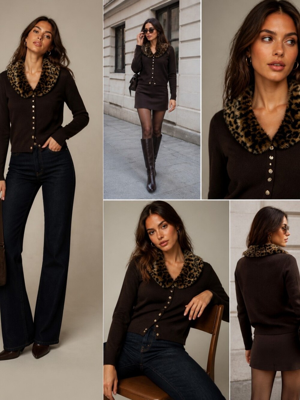 Women's Dark Brown Cardigan with Faux Fur Leopard Animal Print Collar Sz Medium